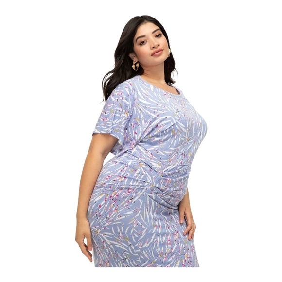 🟢 Eloquii Ruched Asymmetric Midi Party Dress Plus Size 2X 18 in Lavender Floral - Picture 6 of 6